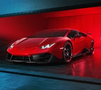 Lamborghini rojo dinámico en un entorno futurista