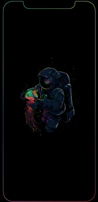 Astronaut holding a glowing jellyfish in a cosmic setting.