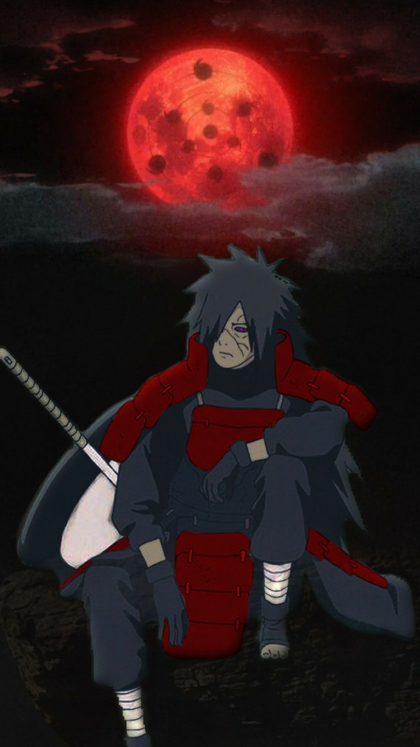 Anime character sitting on a rock with a red moon in the background (infinite tsukoyumi, itachi, madara, madara uchiha, madarauchiha)