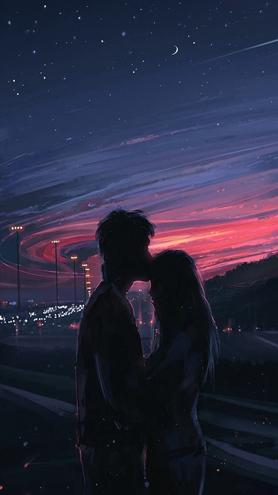 alena aenami, ville, nuages, collines, couple