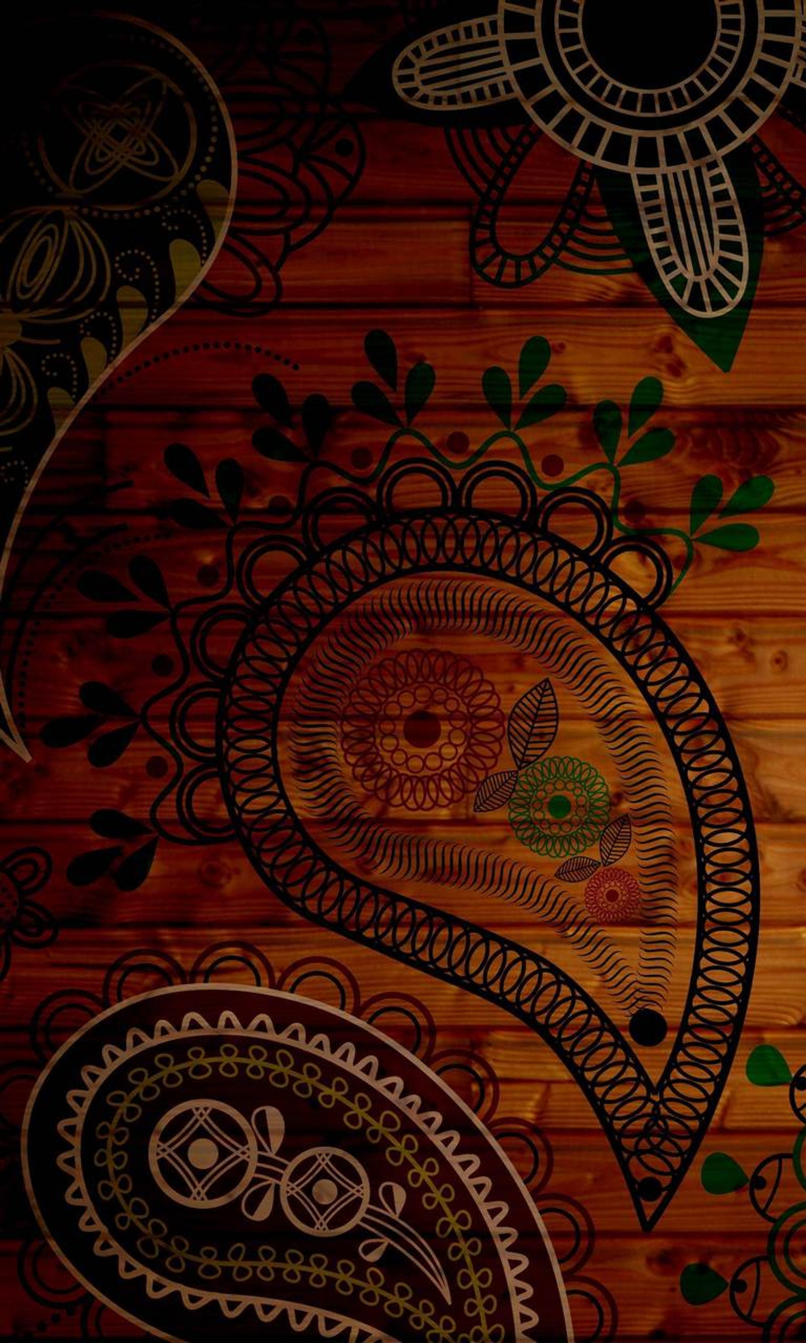 A close up of a wooden table with a paisley design on it (abstract, brown, design, wood)