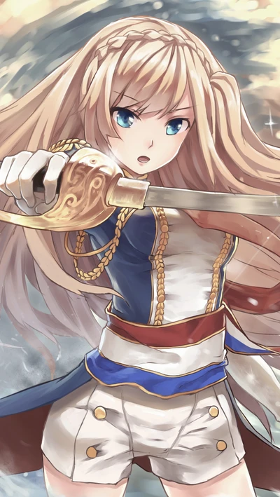 Anime character wielding a sword, showcasing determination with flowing blonde hair and an intricate outfit.