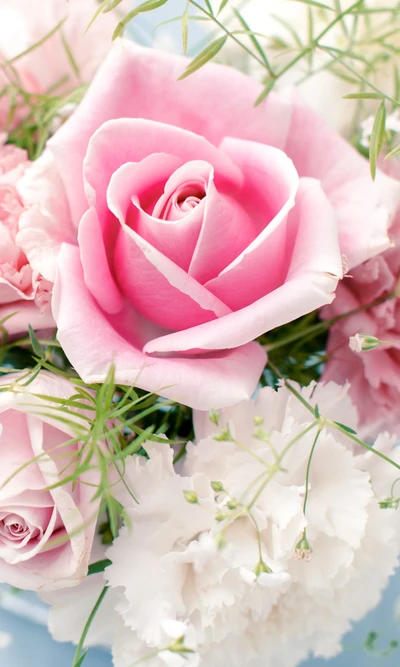 Delicate Pink Roses Among Soft White Blooms