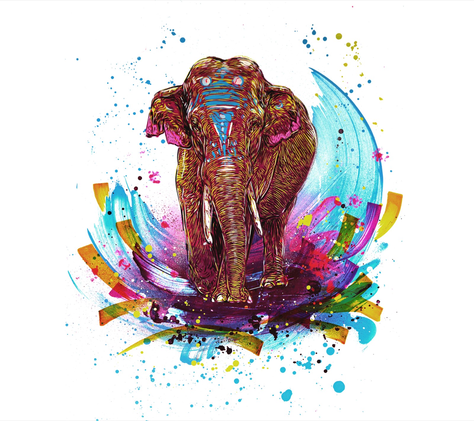 Brightly colored elephant standing on a colorful flower with a splash of paint (color, colour, elephant, far cry, paint)