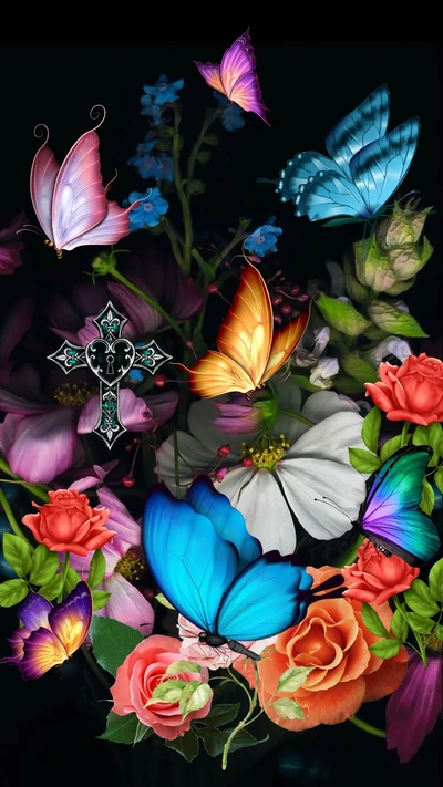 black, butterflies, colorful, cross, flowers