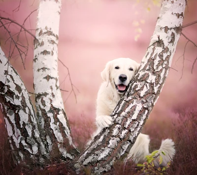 birch, dog, golden retriever