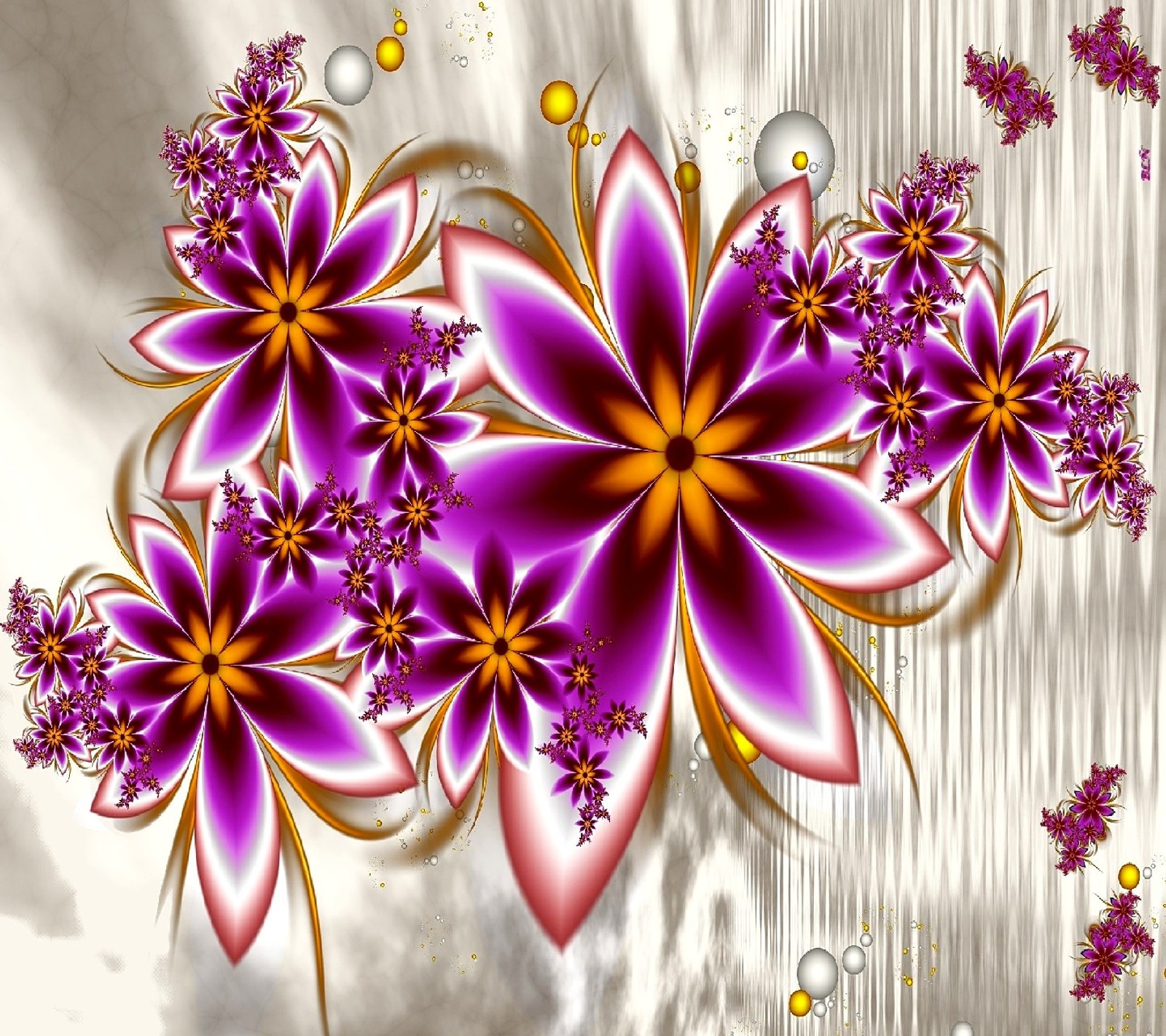 Purple and orange flowers on a silver background with bubbles (nature)