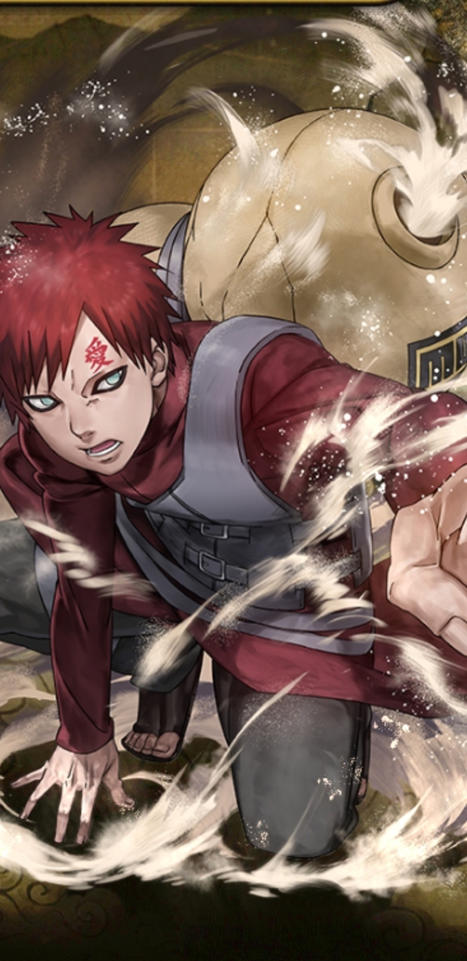 Imagem em estilo anime de um homem com cabelo vermelho e um moletom vermelho (papel de parede de anime, gaara, naruto, naruto shippuden)