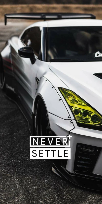 High-Performance White Car with Striking Yellow Headlights and 'Never Settle' Motto