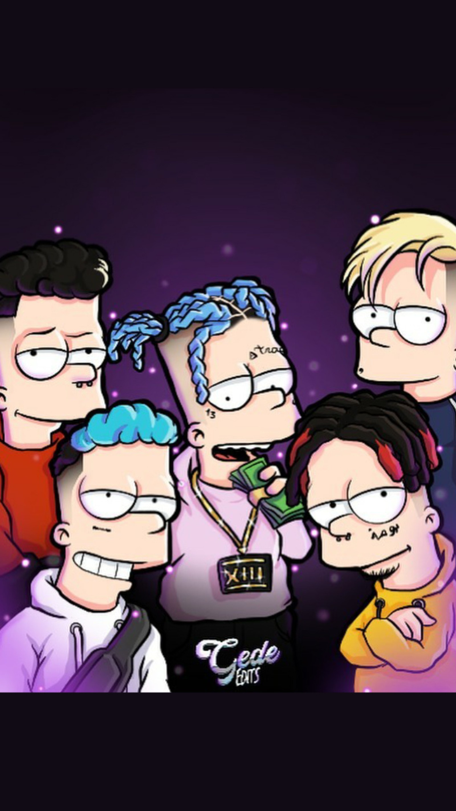 A cartoon of a group of people with different colored hair (argentina, asan, bart, duki, gedeedits)