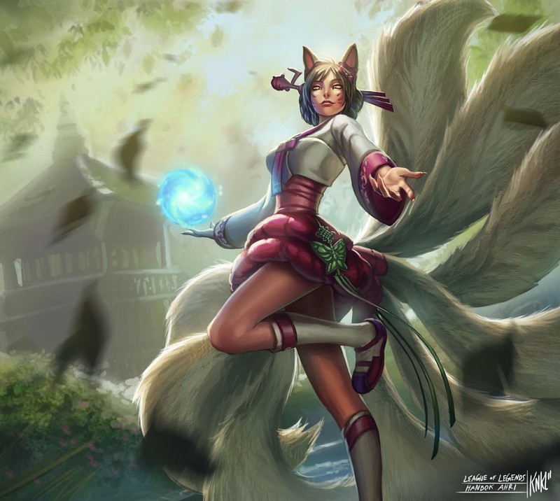 Близкий план женщины в костюме кота, держащей шарик (ахри, ahri, hanbok, league of legends)