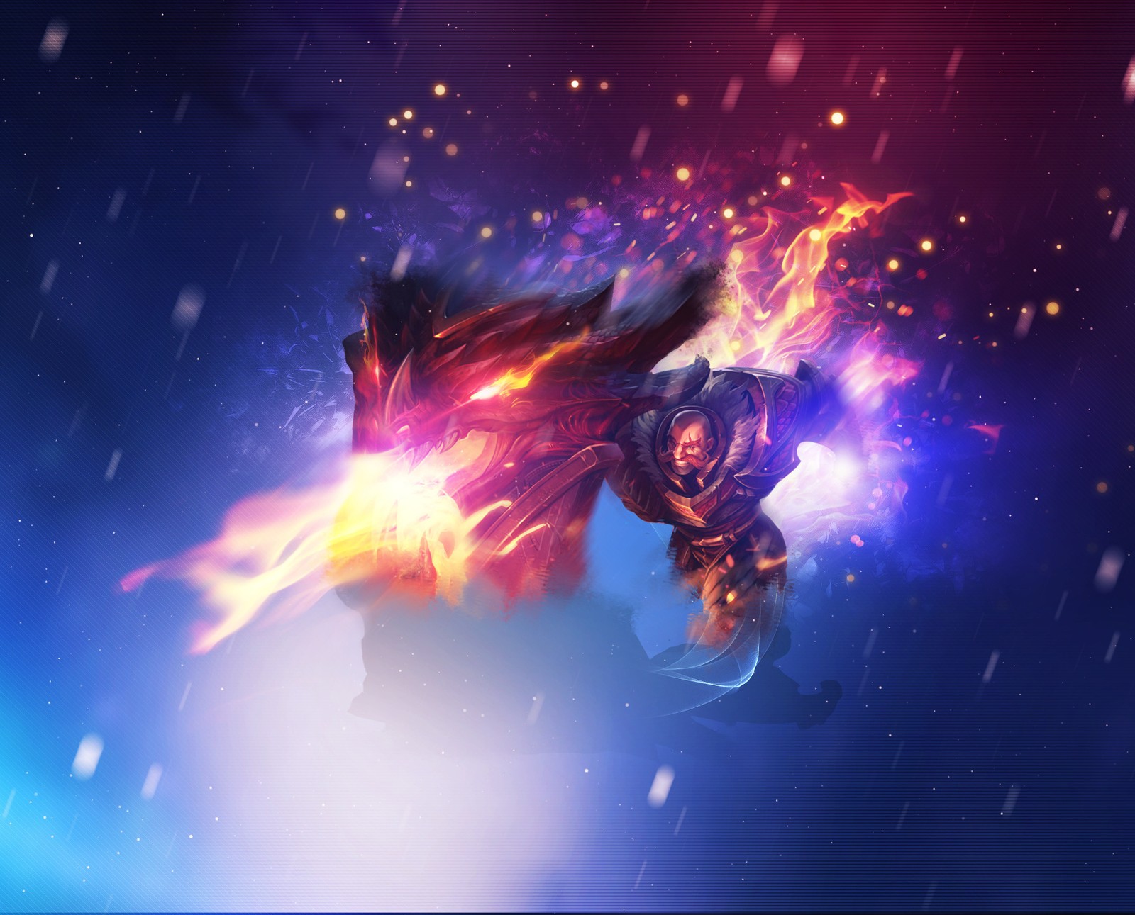 Anime, a man with a cape flying through the air with fire (braum, league, legends, of)