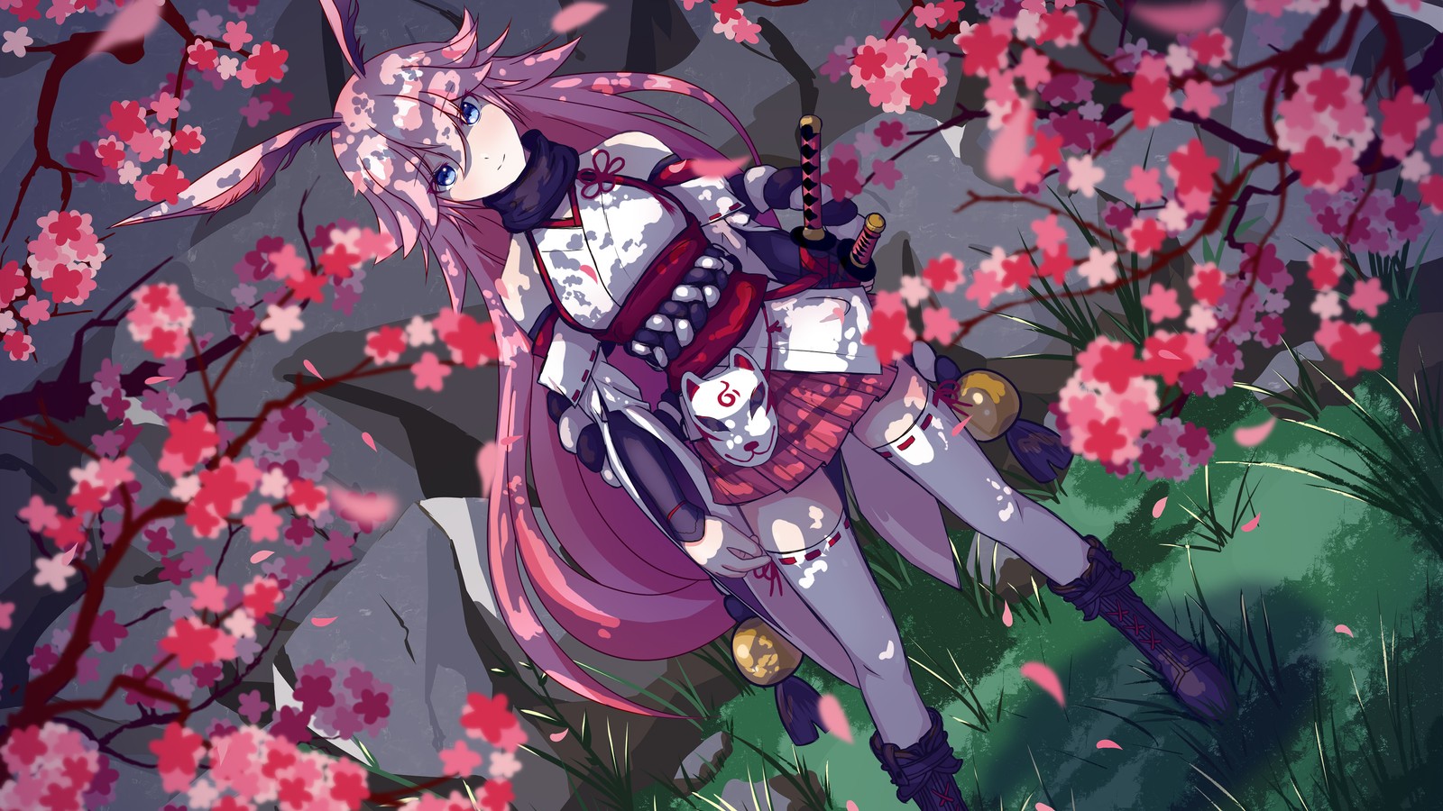 Une fille d'anime avec des cheveux roses et un sac dans l'herbe (filles danime, anime, cheveux roses, yae sakura, honkai impact 3rd)