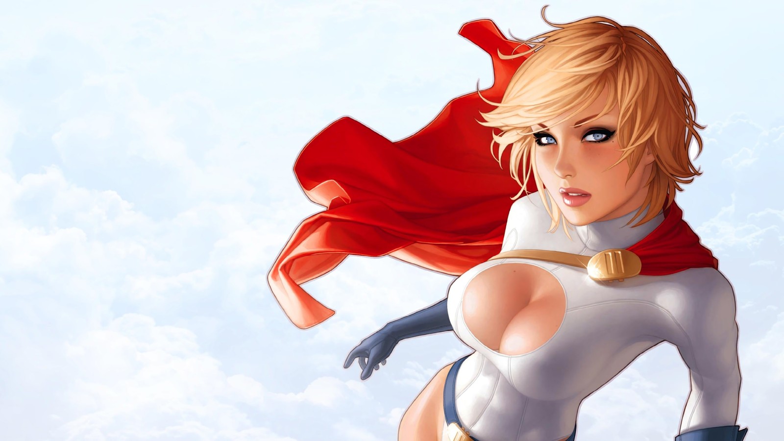 A woman in a superhero costume flying through the air (power girl, dc comics, comics)