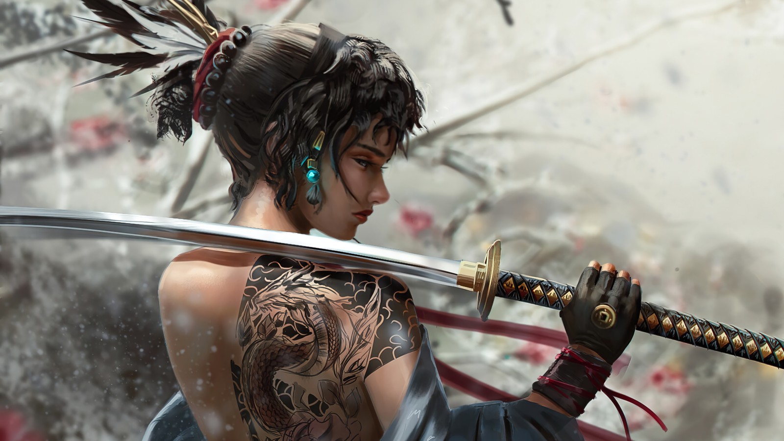 samurai, girls, tattoo, katana, digital wallpaper