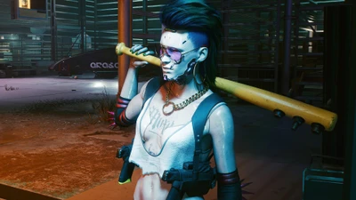 Mox Girl in Cyberpunk 2077 with Baseball Bat and Futuristic Aesthetic