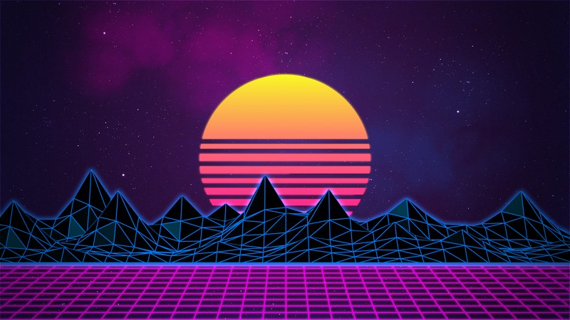 Близкий план горы на фоне заката (ретровейв, retrowave, synthwave, вэйпорвэйв, vaporwave)