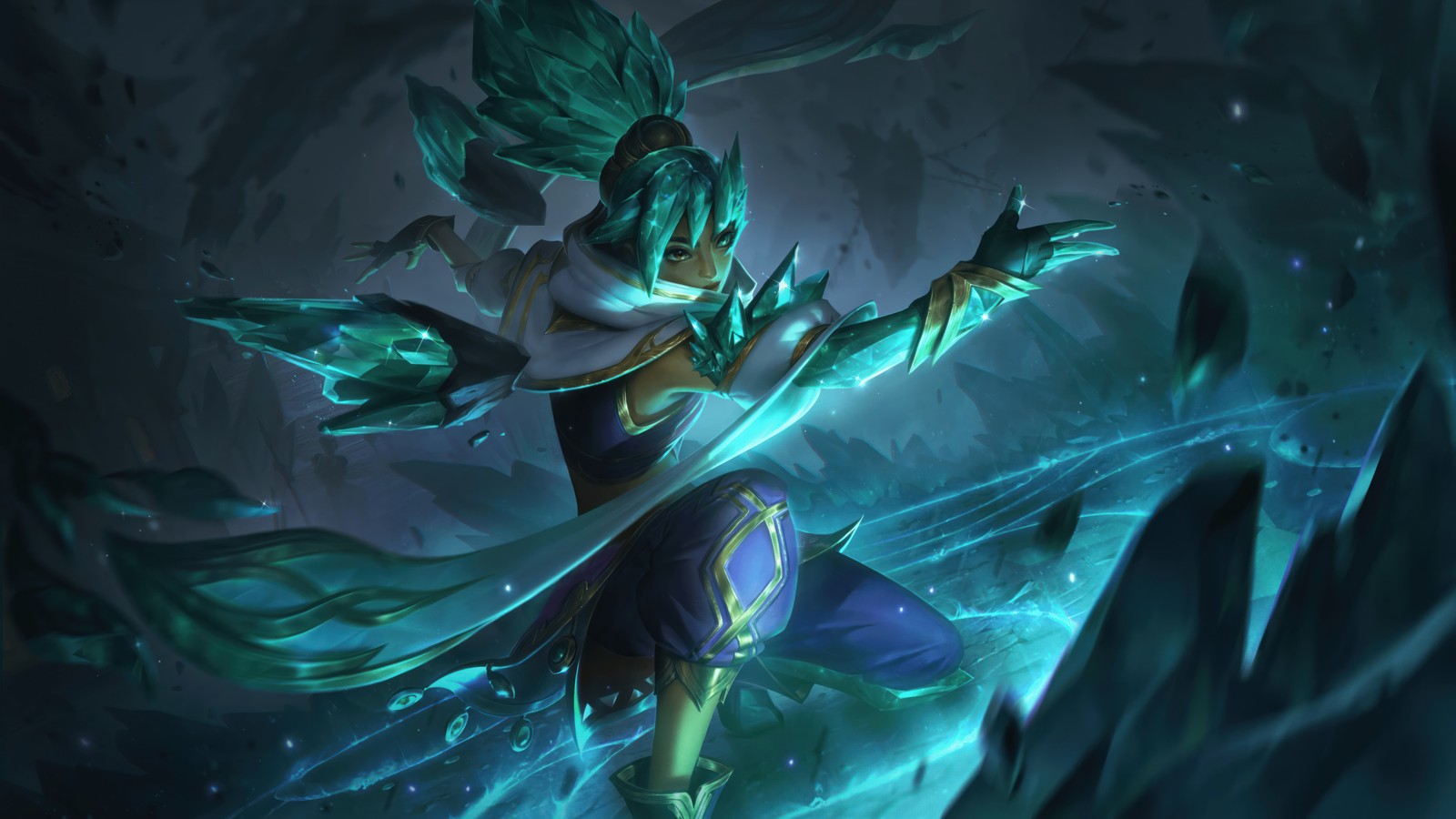 Uma mulher em um traje verde segurando uma espada em uma caverna (crystalis motus, taliyah, lol, league of legends, jogo de vídeo)