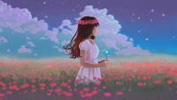 Nuit enchanteresse : Fille d'anime parmi les fleurs sous un ciel étoilé