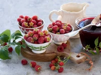 Frische Himbeeren und hausgemachte Beerenmarmelade