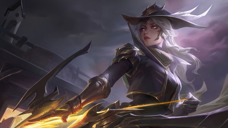 Женщина в шляпе и броне, держащая меч (league of legends, lol, видеоигра, ashe, высокий полдень)