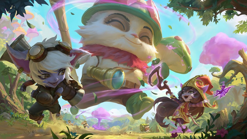 Um grupo de personagens em uma floresta com árvores e flores (league of legends, jogo de vídeo, yordle, teemo, tristana)