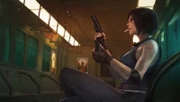 Jill Valentine in a tense moment aboard a deserted train, ready for action in Resident Evil 3 Remake.