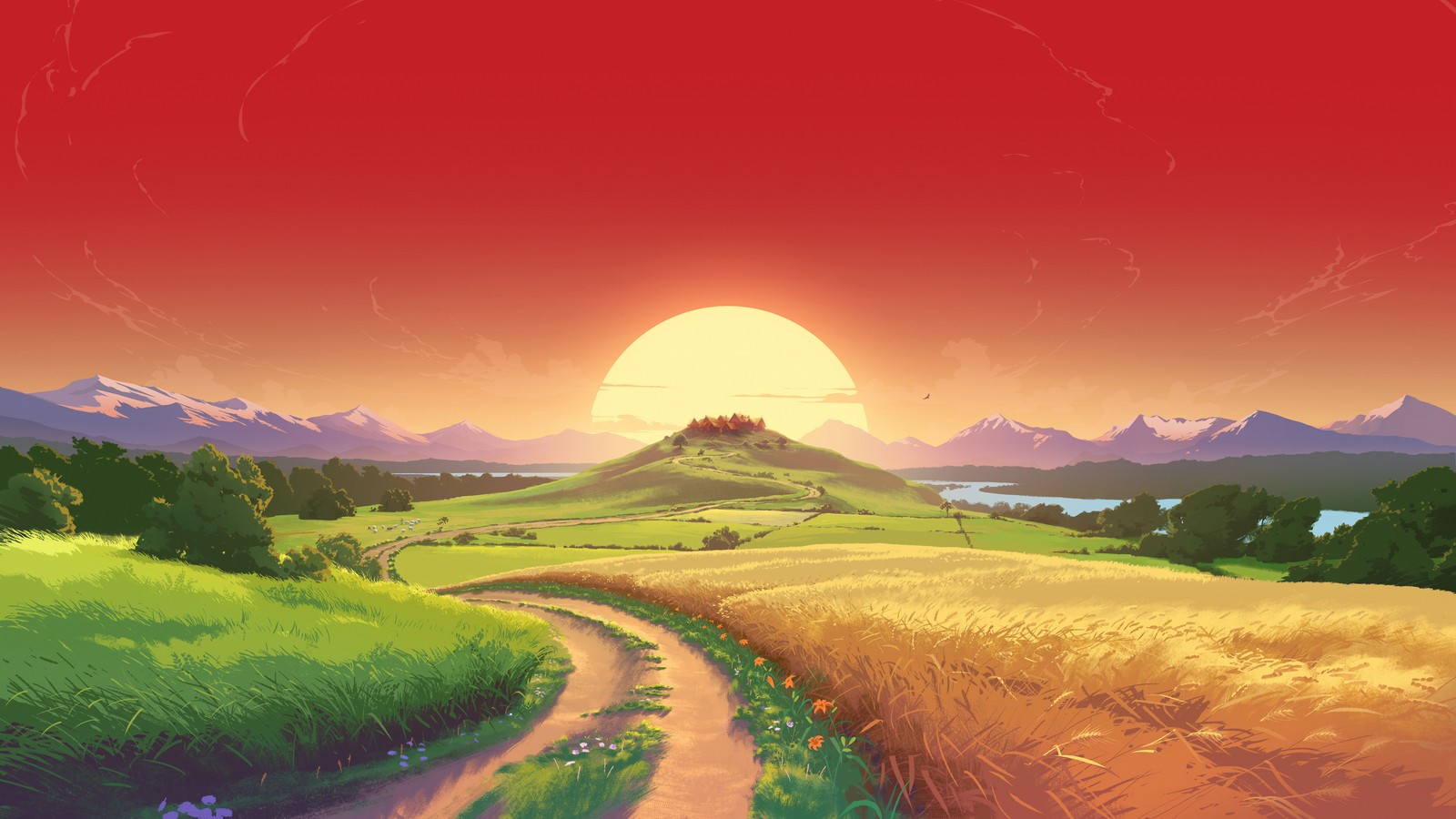 Uma pintura de uma estrada de terra passando por um campo com um pôr do sol ao fundo (nascer do sol, paisagem, cenário, natureza)