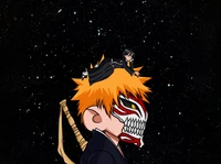 Ichigo Kurosaki mit Hollow-Maske in kosmischer Landschaft