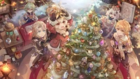 Genshin Impact Holiday Gathering: Aether, Paimon, Klee, Albedo, and Sucrose Celebrate Christmas