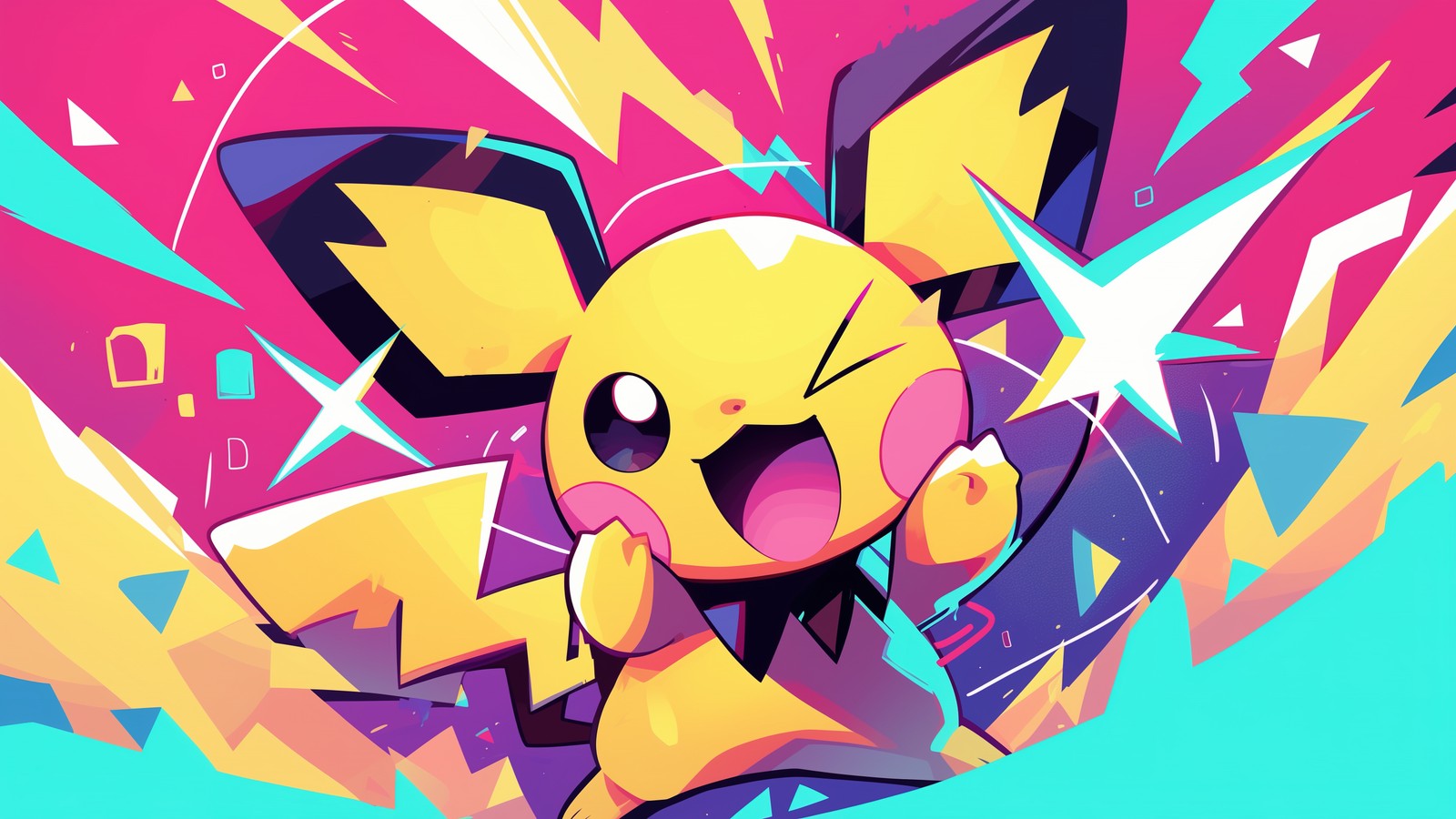 Un pikachu de dessin animé courant à travers une explosion colorée (pichu, pokémon, pokemon, 5k, art dia)