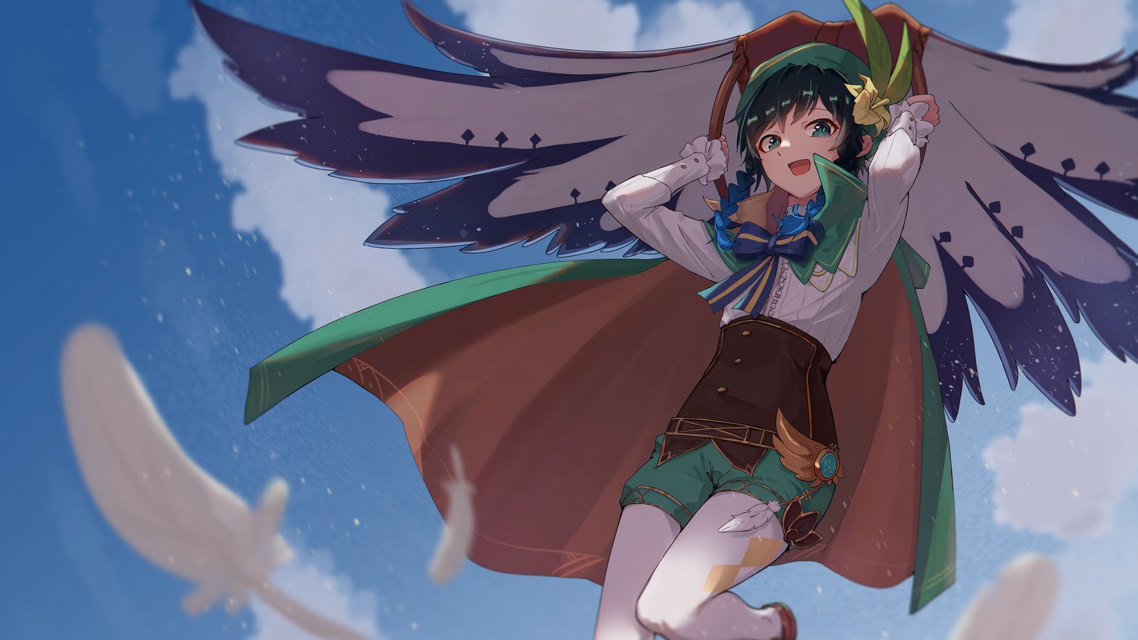 Fille anime avec des ailes volant dans le ciel (genshin impact, jeu vidéo, venti)