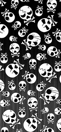 Black and white pattern of various skulls and crossbones with diverse facial expressions.