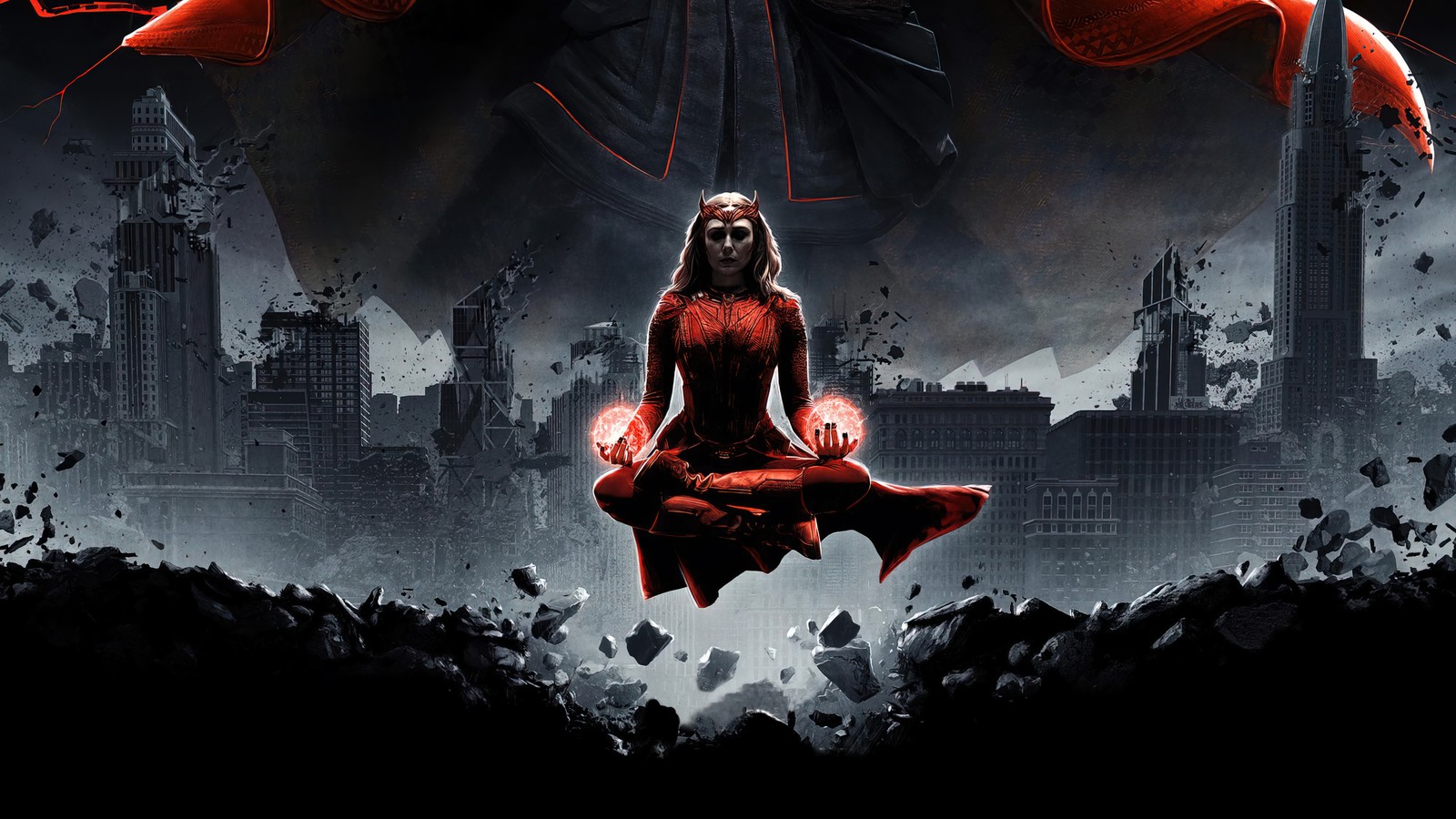 Affiche du film batman arkham avec une femme assise sur une chauve-souris (sorcier suprême, scarlet witch, wanda maximoff, doctor strange dans le multivers de la folie, doctor strange 2)