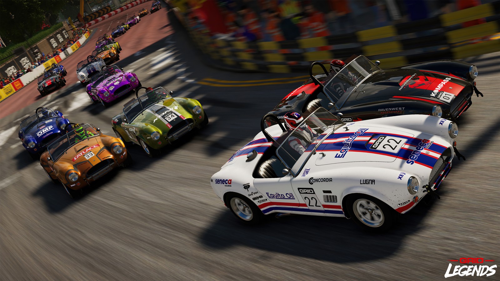 A group of cars driving down a race track with a crowd watching (grid legends, video game, race track, racing)