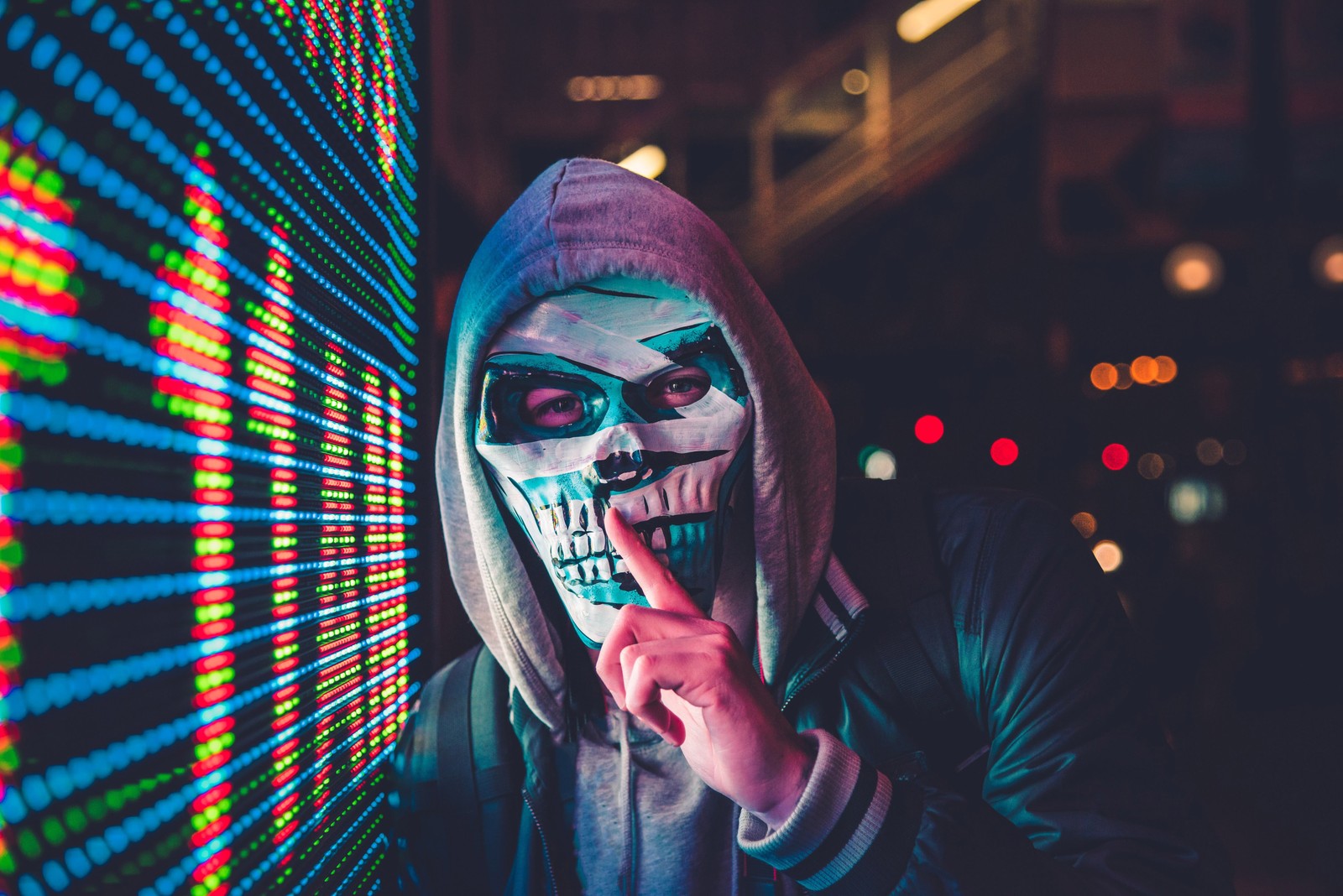 mask, hoodie, person, scary, led lighting Download Wallpaper