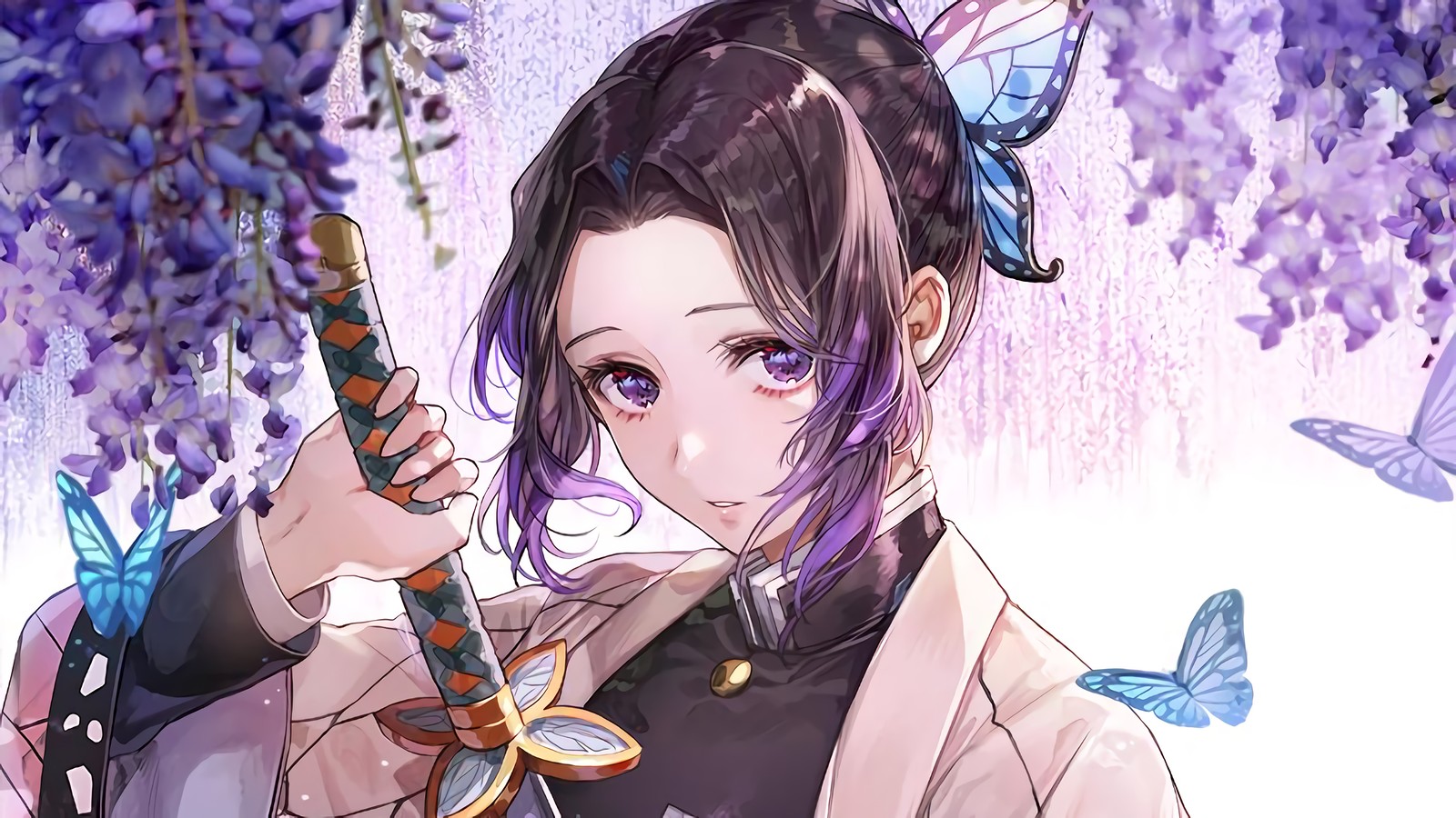 Menina anime com cabelo roxo segurando uma espada em frente a um fundo roxo (shinobu kocho, kochou, assassino de demônios kimetsu no yaiba, demon slayer kimetsu no yaiba, anime)