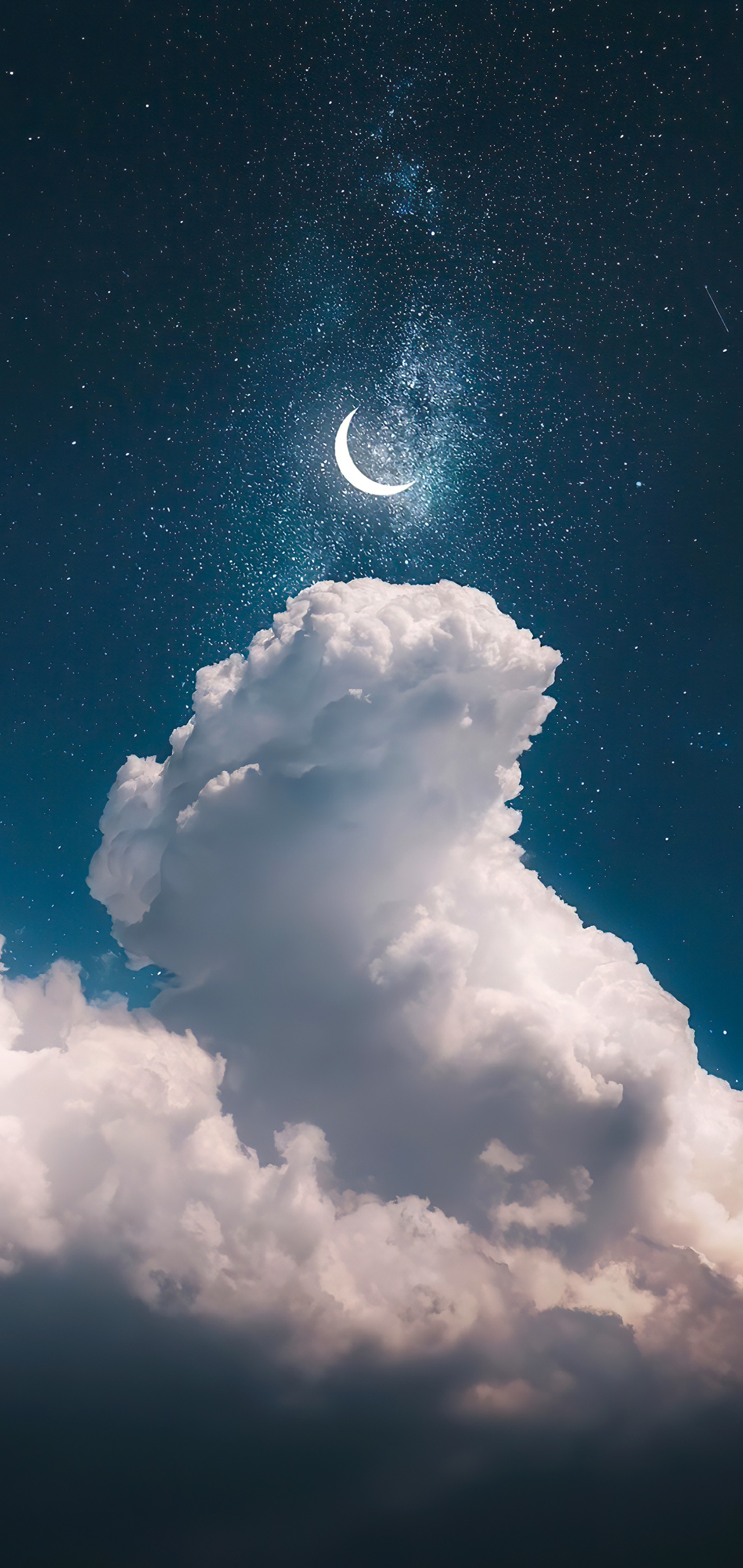 Ciel nocturne avec un croissant et des étoiles au-dessus d'un nuage. (ciel nocturne, nuage, atmosphère, blanc, lune)