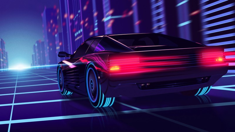 Автомобиль, едущий по футуристическому городу ночью (машина, synthwave, цифровое искусство, вэйпорвэйв, vaporwave)