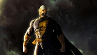 Dwayne Johnson as Black Adam in a dramatic pose against a stormy backdrop.