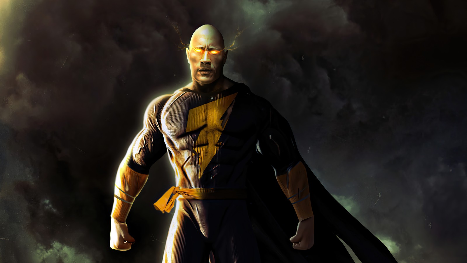 Un primer plano de un hombre en un traje amarillo y negro (black adam 2022, película)