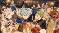 A lively feast scene featuring characters from "Sousou no Frieren," celebrating with food, laughter, and camaraderie in a bustling tavern.