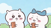 Adorable Chiikawa and Hachiware Enjoying Treats in a Sunny Cartoon Landscape