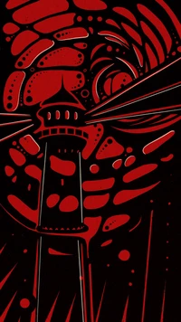 Abstract Red Lighthouse Illustration on Black Textile Background