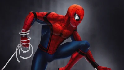 Spider-Man dinámico en un vibrante traje rojo y azul, listo para la acción con lanzadores de telarañas listos, contra un fondo dramático.