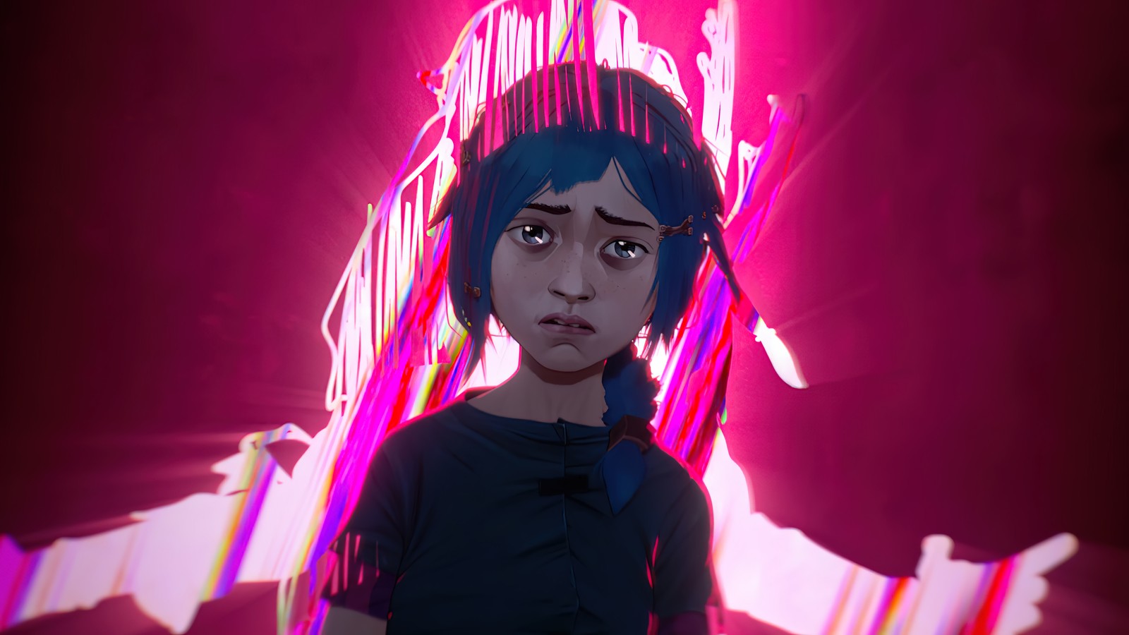 A close up of a person with blue hair and a neon light (jinx, arcane series, lol, netflix, tv series)