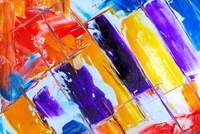 Vibrant Abstract Composition: A Kaleidoscope of Purple, Yellow, and Orange Brushstrokes on Canvas.