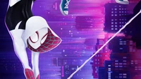 Spider Gwen schwingt durch eine Neon-Stadtlandschaft