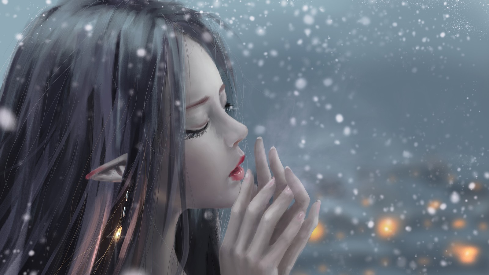 A close up of a woman with long hair and a cigarette (elf, girls, snow, fantasy)