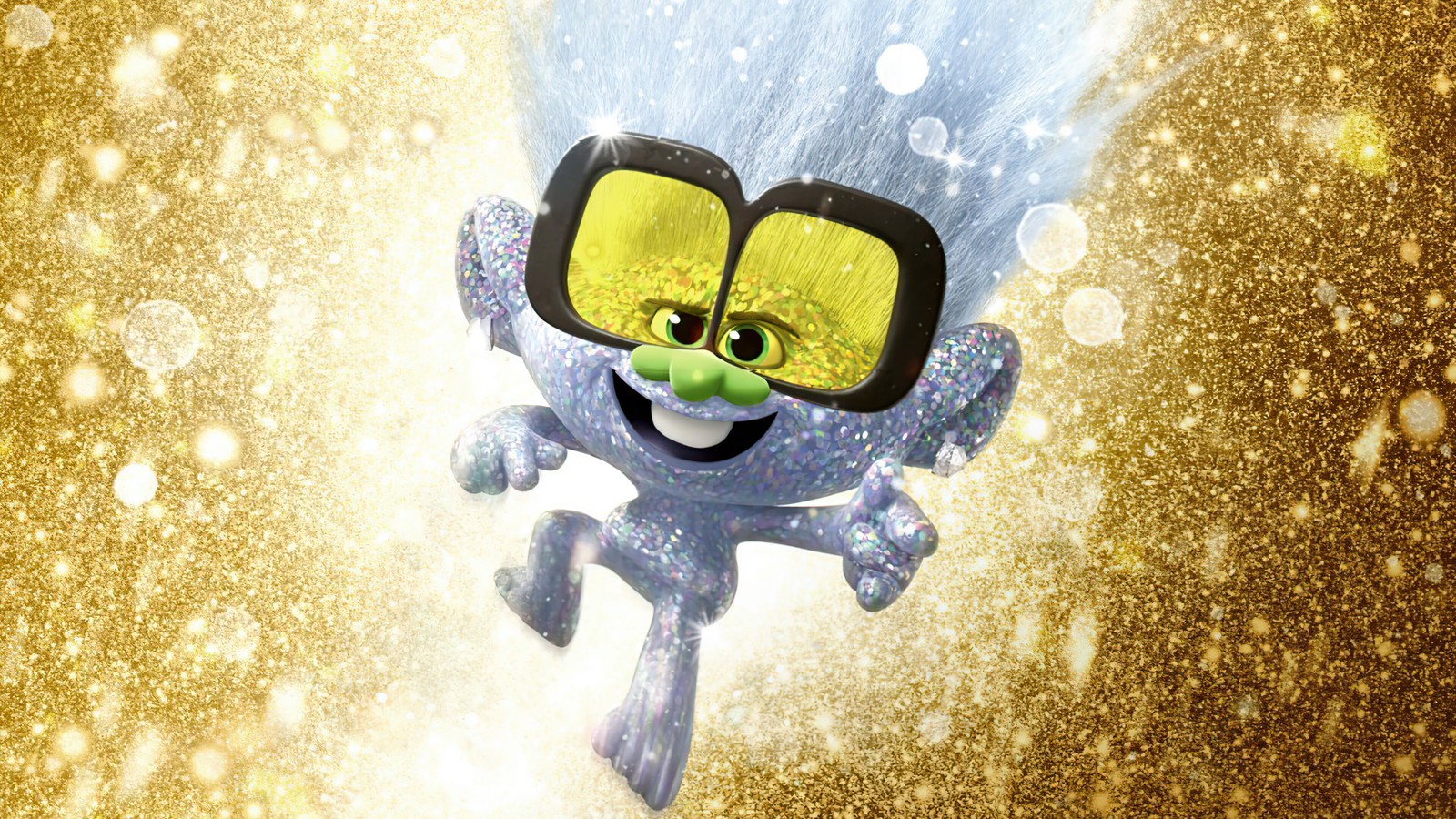 Eine nahaufnahme von einem cartoon-charakter mit einer brille auf einem goldenen hintergrund. (winziger diamant, trolls world tour, trolls 2, film, 2020)